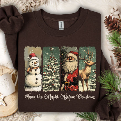 Dark chocolate Gildan sweatshirt with vintage Santa, reindeer, and snowman design, "Twas the Night Before Christmas" text.