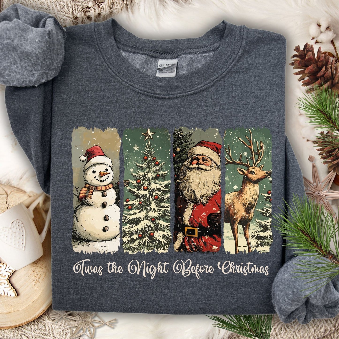 Dark Heather Gildan sweatshirt with vintage Santa, reindeer, snowman, and Christmas tree design.