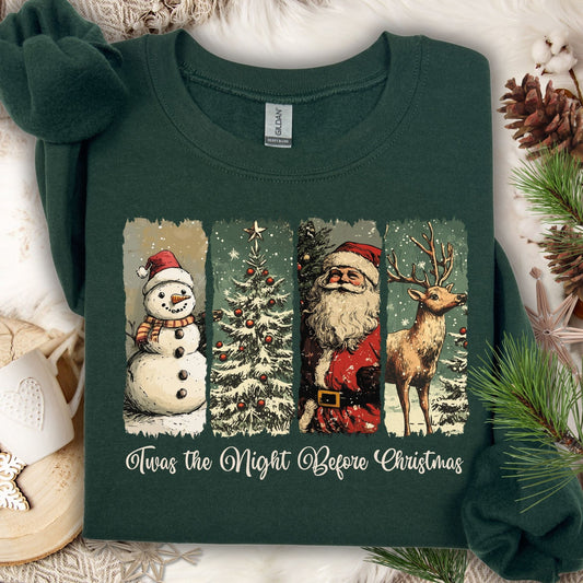 Forest Green Gildan sweatshirt with vintage Santa, reindeer, and snowman design; "'Twas the Night Before Christmas" text.