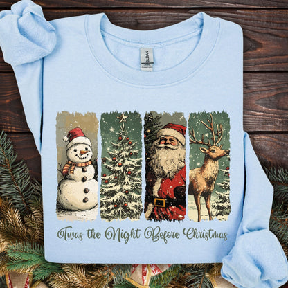 Light blue Gildan sweatshirt with vintage Santa, reindeer, snowman, and Christmas tree design.
