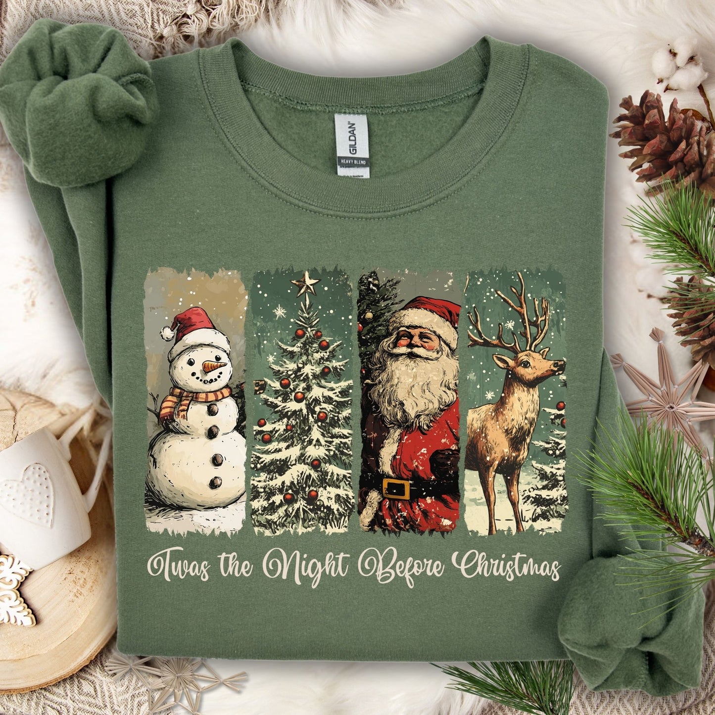 Military Green Gildan sweatshirt with vintage Santa, reindeer, and snowman design.