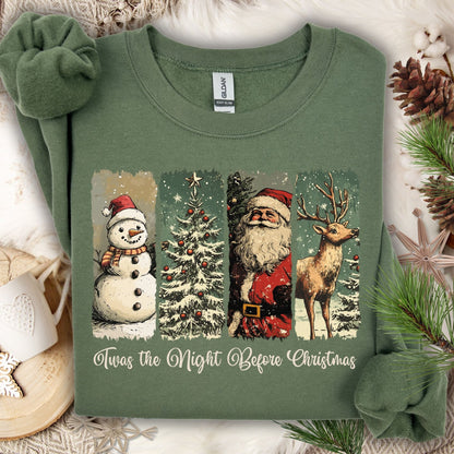 Military Green Gildan sweatshirt with vintage Santa, reindeer, and snowman design.