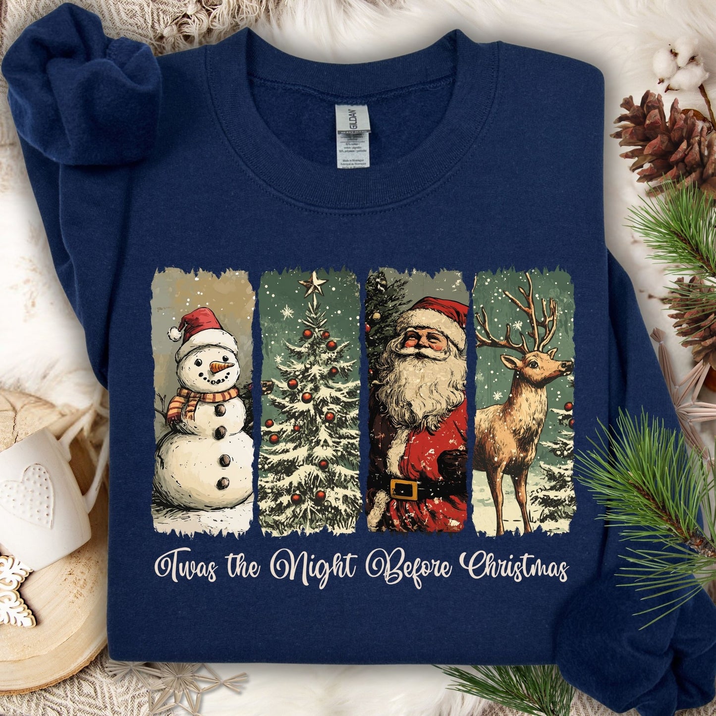 Navy Gildan sweatshirt with vintage Santa, reindeer, snowman, and Christmas tree design.
