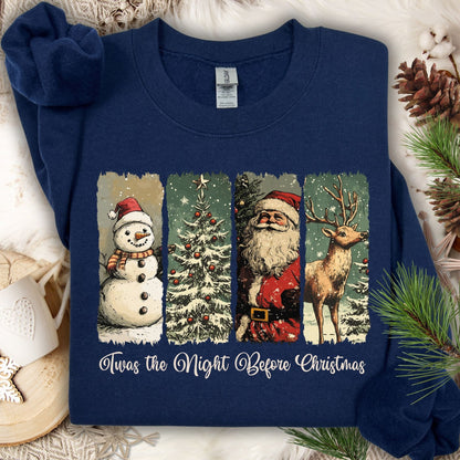 Navy Gildan sweatshirt with vintage Santa, reindeer, snowman, and Christmas tree design.