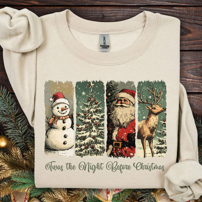 Sand Gildan sweatshirt with vintage Santa, reindeer, and snowman design; "Twas the Night Before Christmas" text.