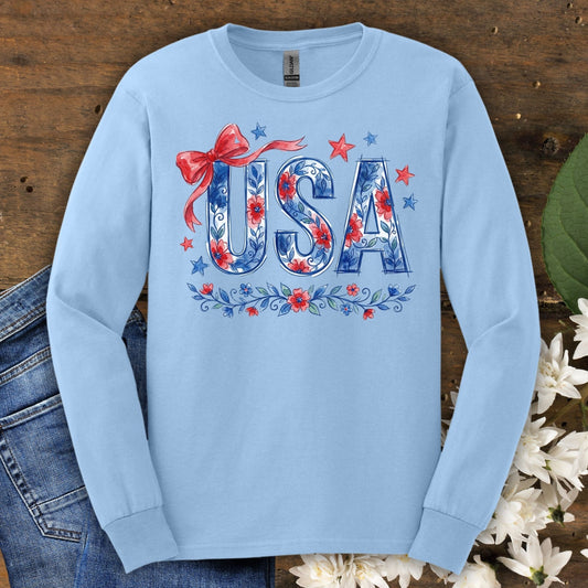 USA Floral Flag Long Sleeve Tee