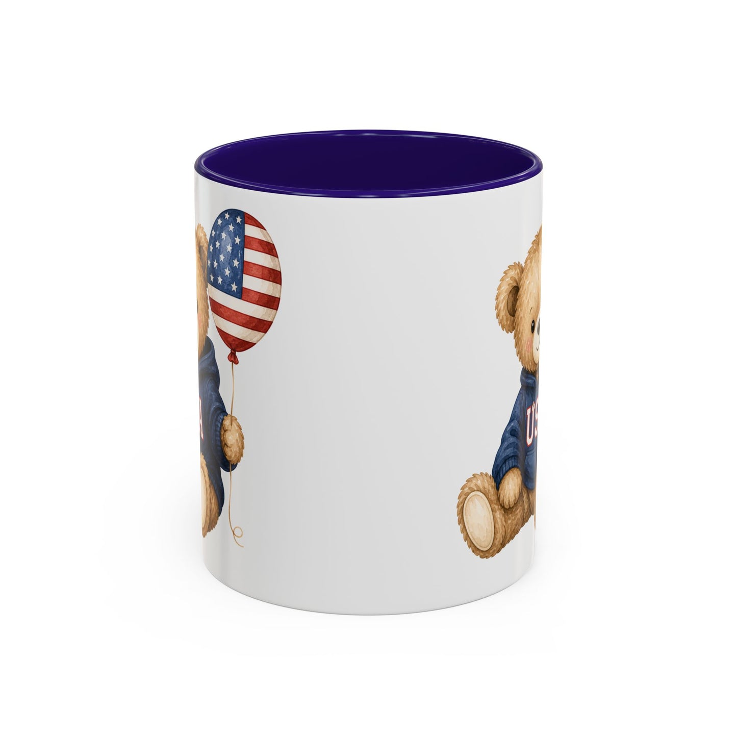 Ceramic mug with a teddy bear in a USA hoodie holding an American flag balloon, purple interior.