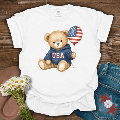 White S USA Teddy Bear t-shirt with a flag balloon, made from soft, ring-spun cotton.