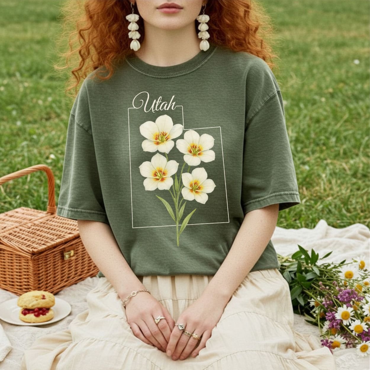 Garment-dyed olive green t-shirt with watercolor sego lilies and "Utah" text, worn by a person on a picnic blanket.