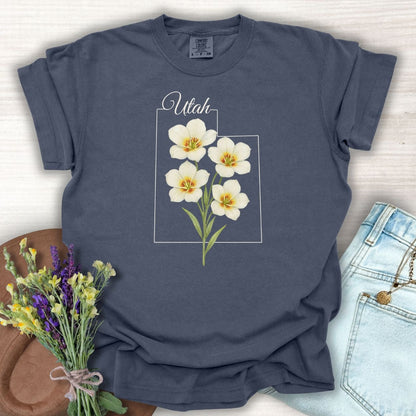 Denim Sego Lily Utah map t-shirt with watercolor flowers on a lived-in, relaxed-fit cotton tee.