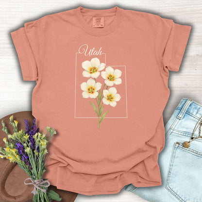 Terracotta Sego Lily Utah t-shirt with watercolor flowers, relaxed fit, 100% cotton.