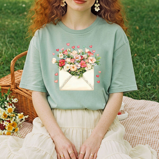 Garment-dyed vintage-rose t-shirt with a watercolor floral love letter design and floating hearts.