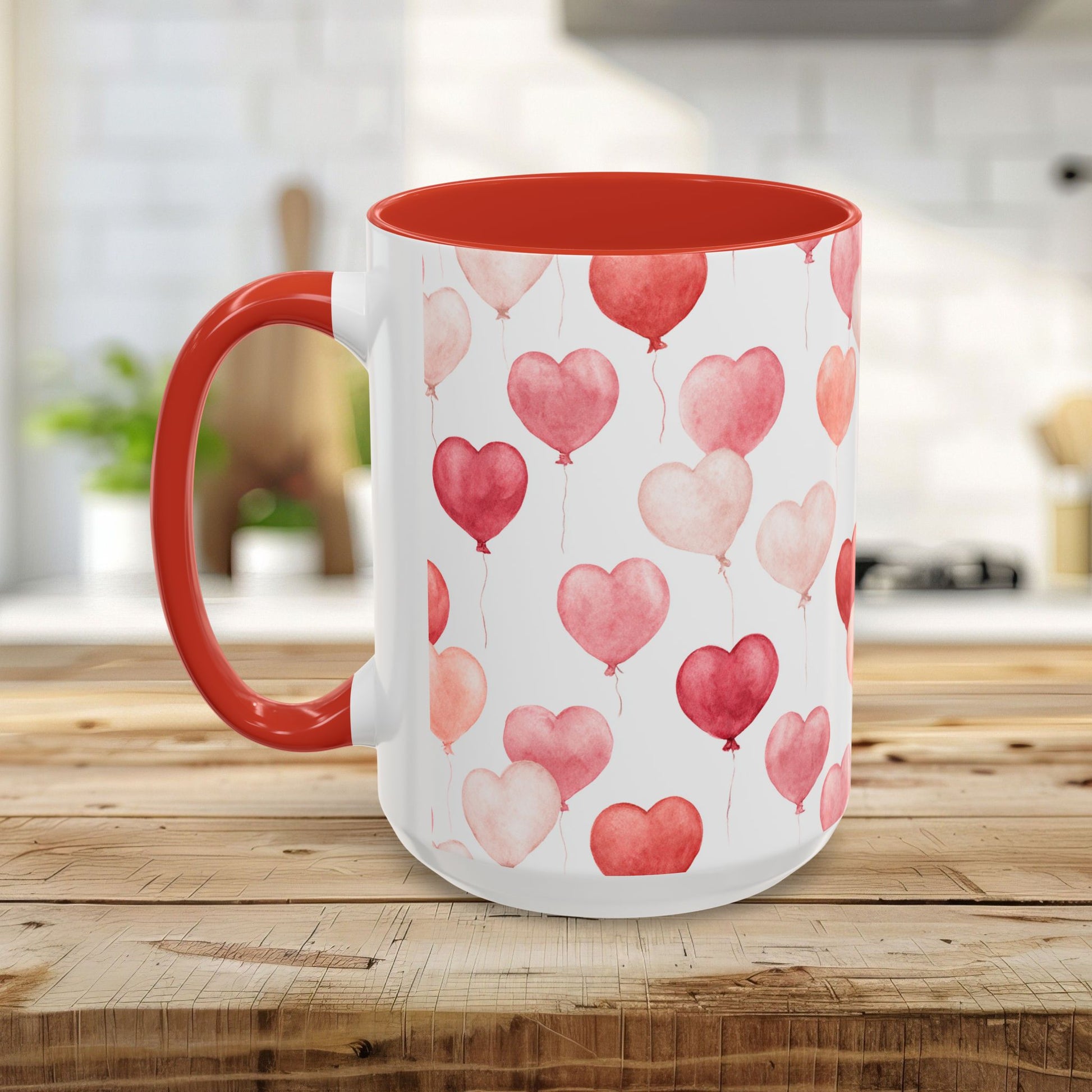 White 15oz ceramic mug with red handle and interior, featuring pink watercolor heart balloons.