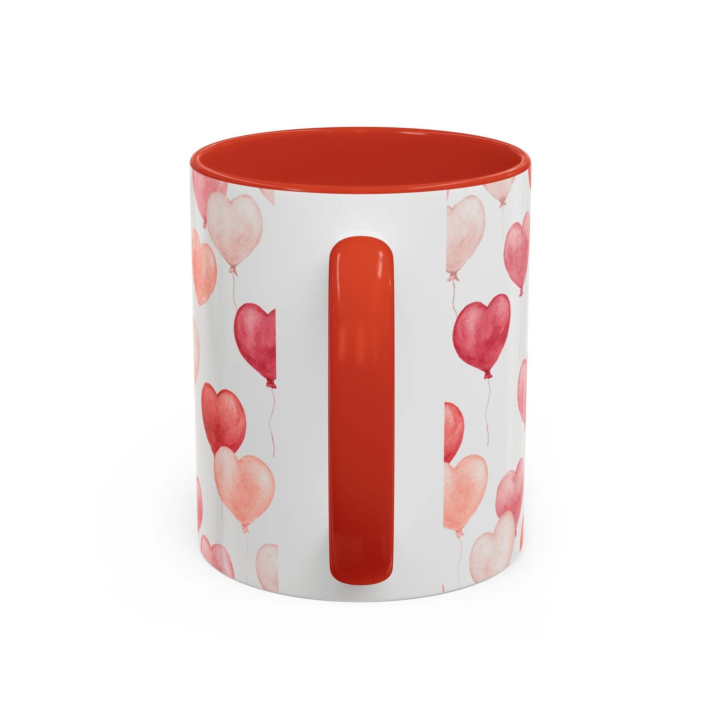 White ceramic mug with red interior and handle, featuring pink and red watercolor heart balloons.