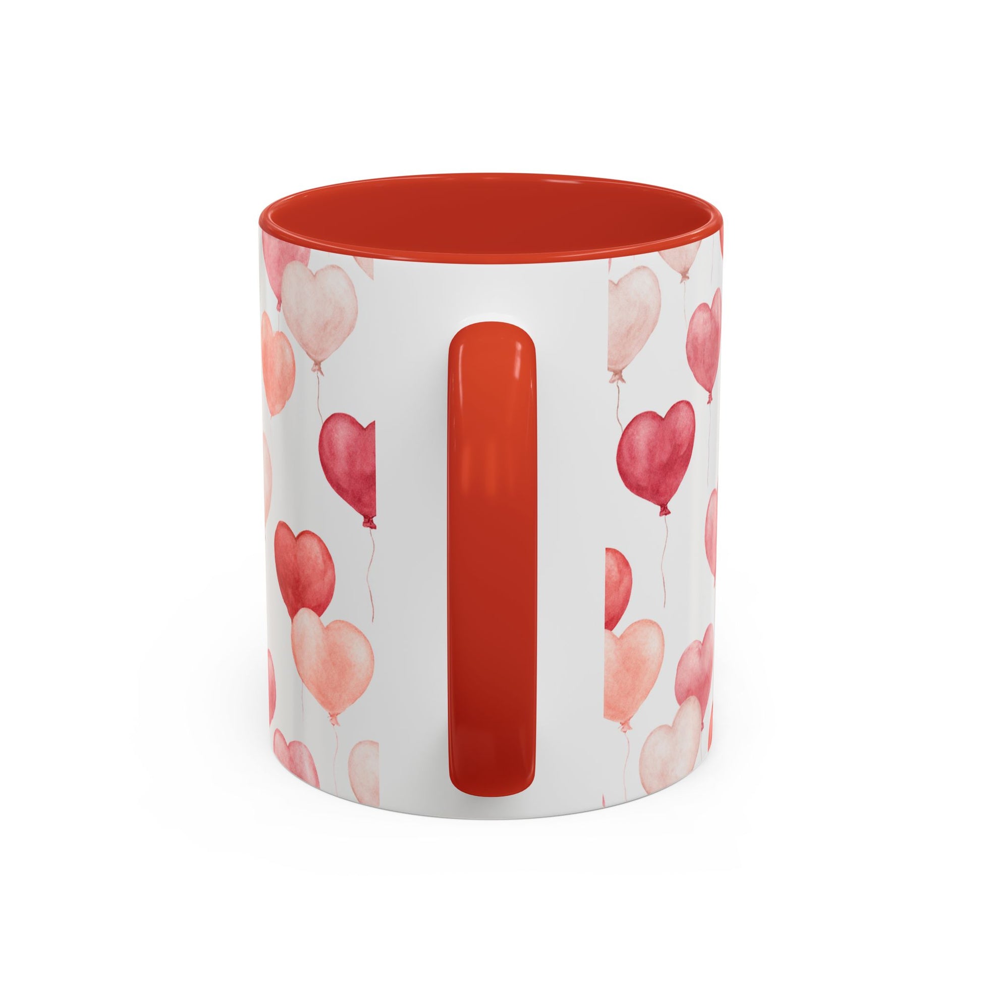 White ceramic mug with red interior and handle, featuring pink and red watercolor heart balloons.