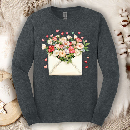 Dark Heather long sleeve tee with a vintage envelope spilling pink and cream flowers and hearts.