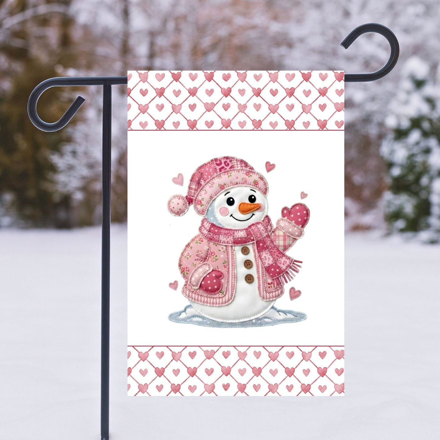 Pink patchwork snowman garden flag, 12"x18", with watercolor-style design and heart border.