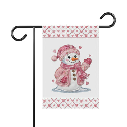 Pink patchwork snowman garden flag with heart borders, poly poplin-canvas, 12"x18" or 24.5"x32".