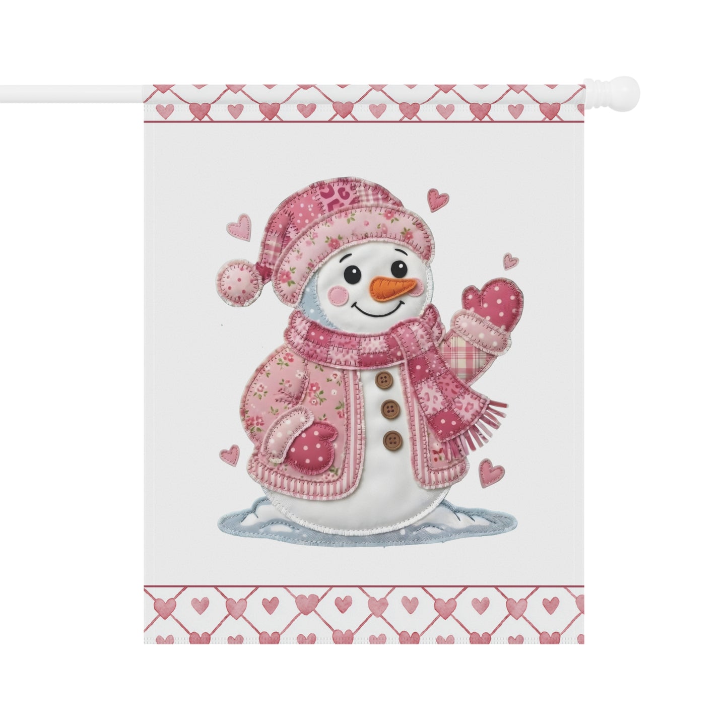 Pink patchwork snowman garden flag, 24.5'' × 32'' poly poplin-canvas, with heart borders.