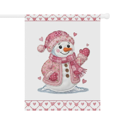 Pink patchwork snowman garden flag, 24.5'' × 32'' poly poplin-canvas, with heart borders.