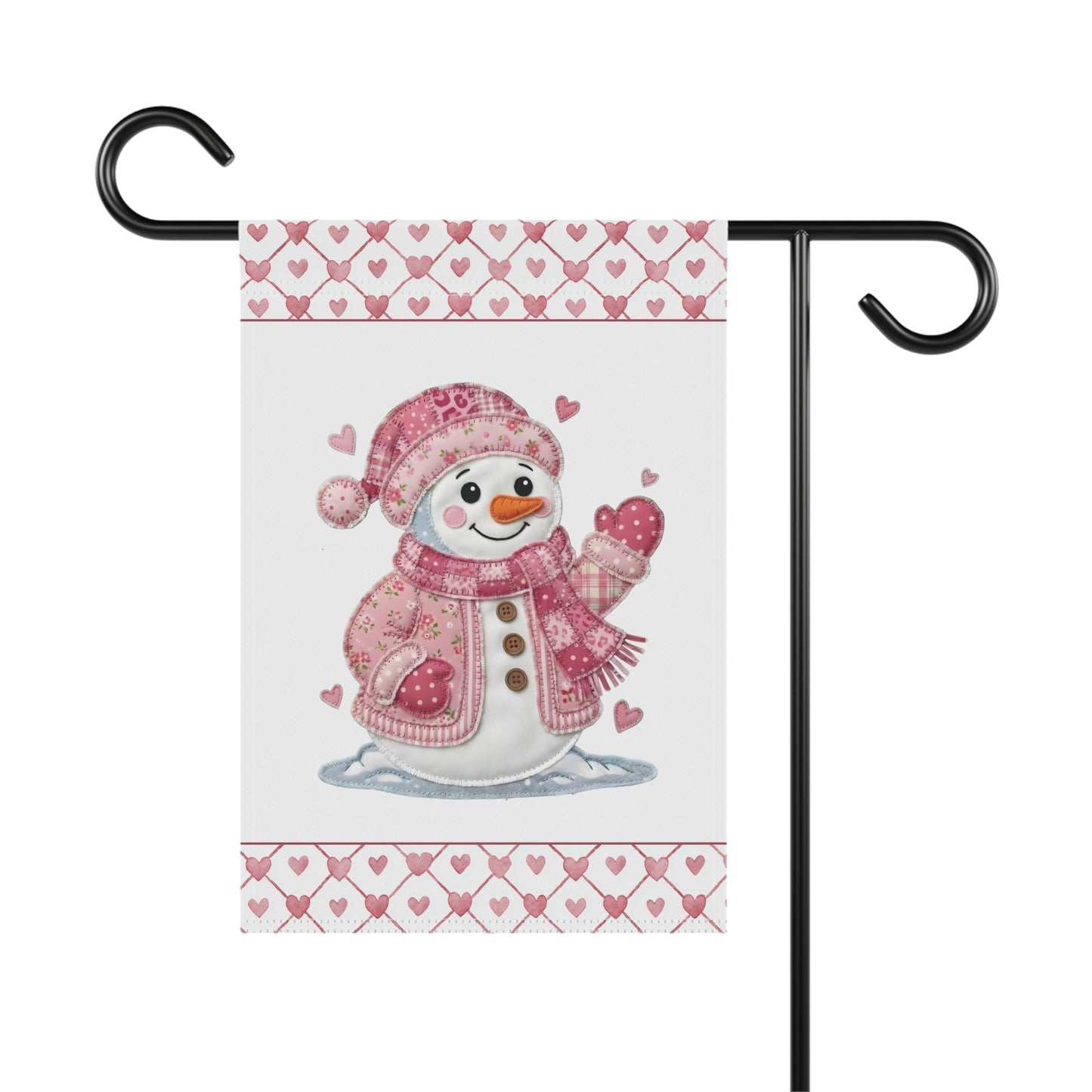 Watercolor-style snowman garden flag in pink patchwork hat, scarf, and mittens, with heart borders.