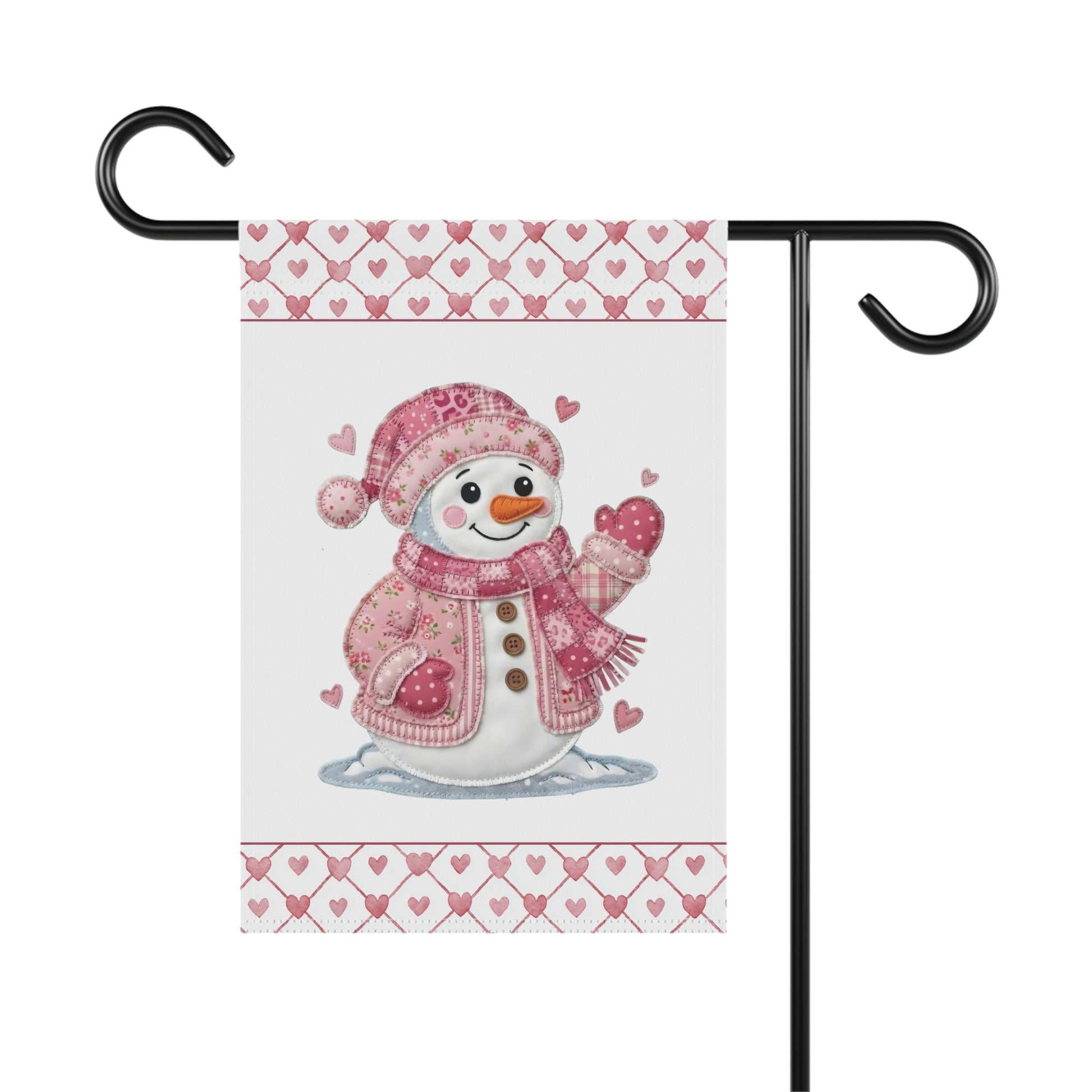 Watercolor-style snowman garden flag in pink patchwork hat, scarf, and mittens, with heart borders.