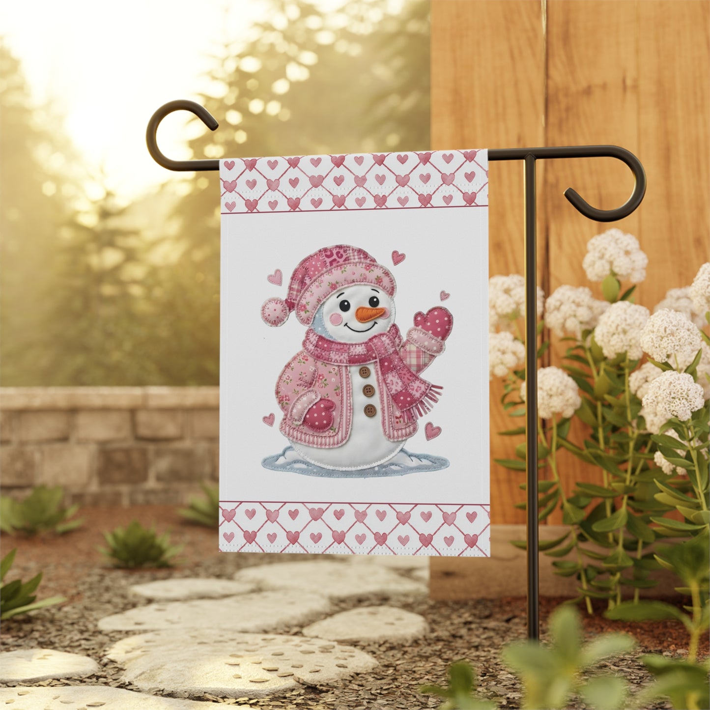 Pink patchwork snowman garden flag with watercolor style, hearts, and a cozy winter design.