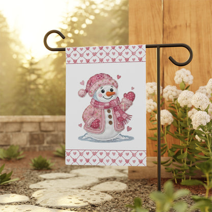 Pink patchwork snowman garden flag with watercolor style, hearts, and a cozy winter design.