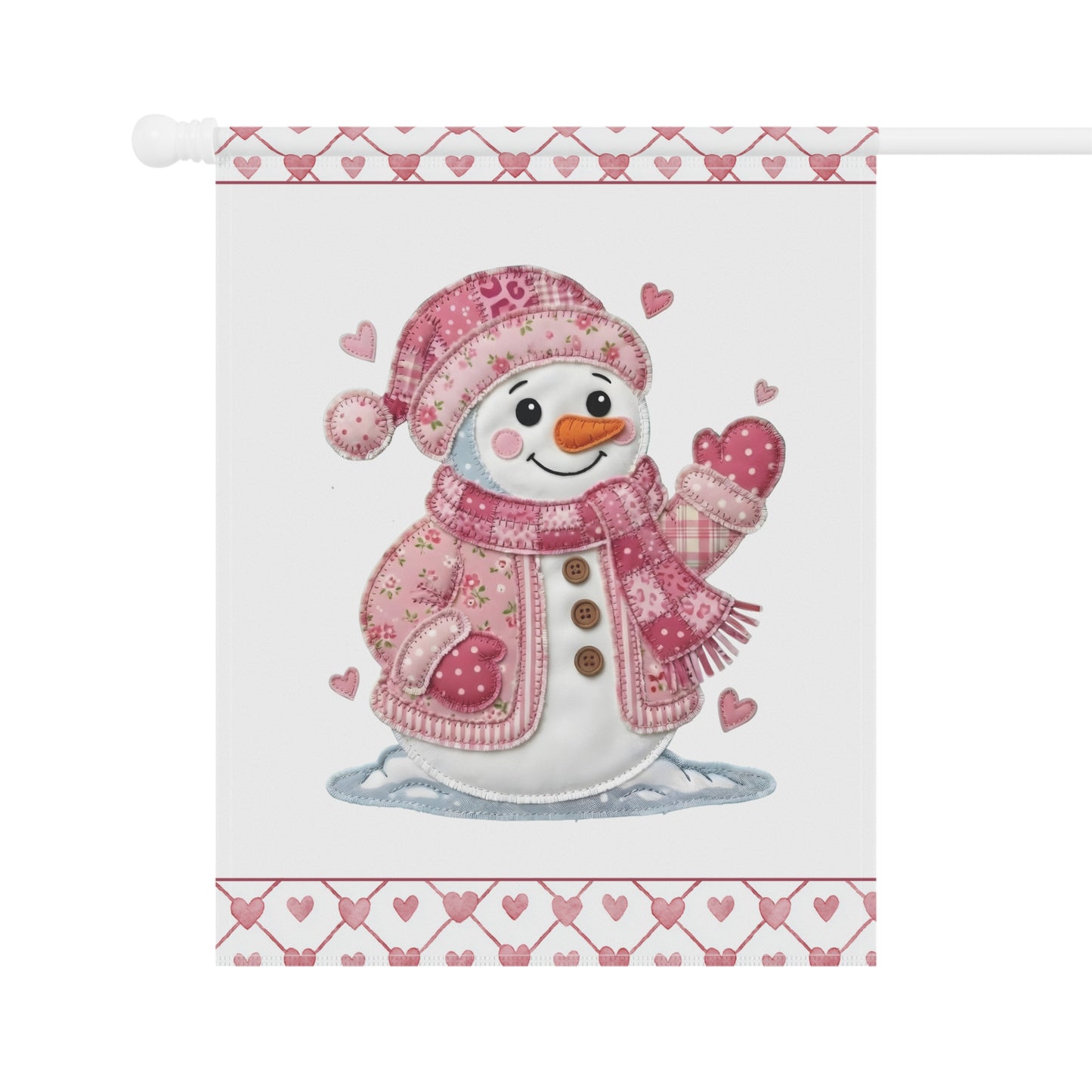 Valentine's Day pink patchwork snowman garden flag with heart borders.