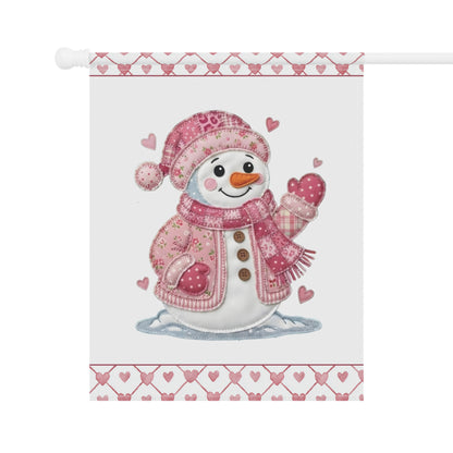 Valentine's Day pink patchwork snowman garden flag with heart borders.