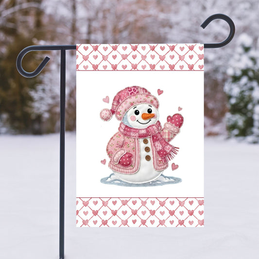 Valentine's Day Pink Patchwork Snowman Garden Flag