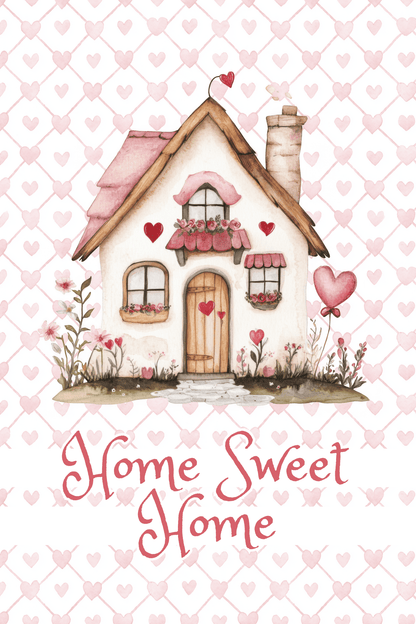 Valentine's Garden Flag — 'Home Sweet Home' Cottage with Pink Hearts