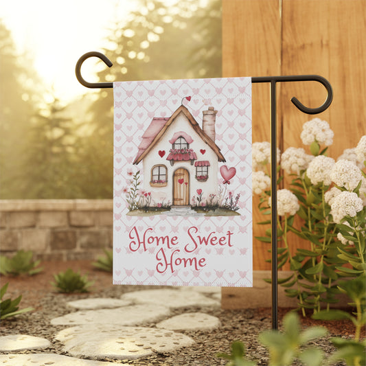 Valentine's Garden Flag — 'Home Sweet Home' Cottage with Pink Hearts