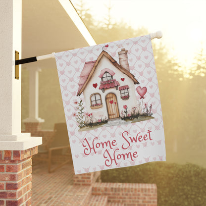 Valentine's Garden Flag — 'Home Sweet Home' Cottage with Pink Hearts