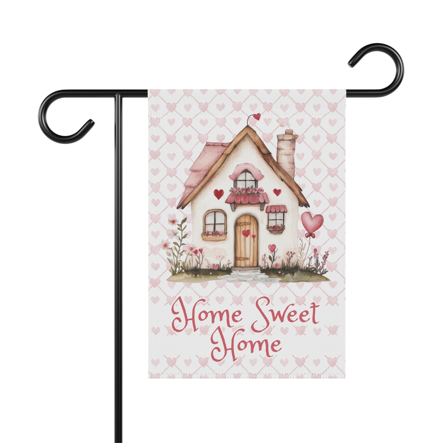 Valentine's Garden Flag — 'Home Sweet Home' Cottage with Pink Hearts