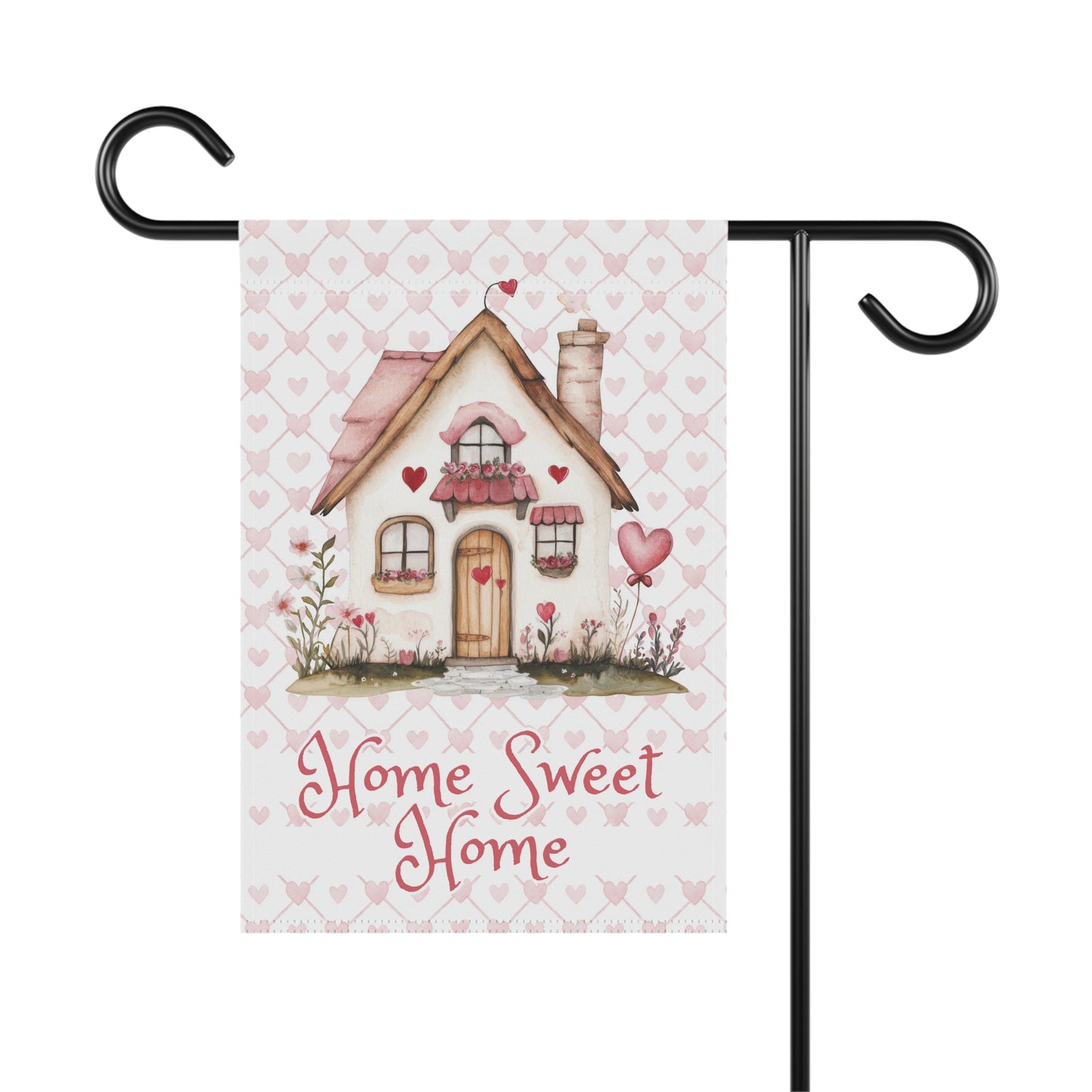 Valentine's Garden Flag — 'Home Sweet Home' Cottage with Pink Hearts