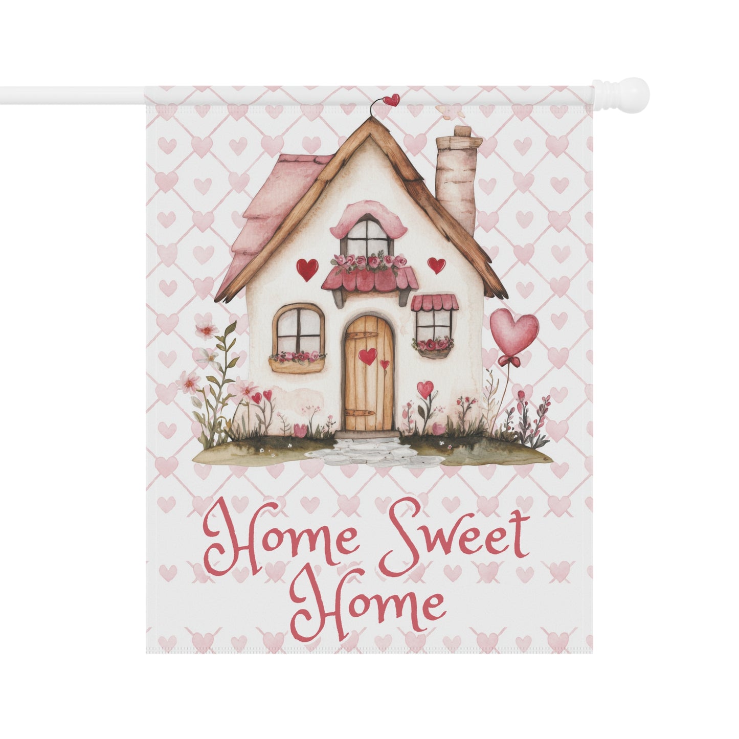 Valentine's Garden Flag — 'Home Sweet Home' Cottage with Pink Hearts