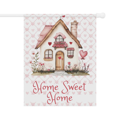 Valentine's Garden Flag — 'Home Sweet Home' Cottage with Pink Hearts