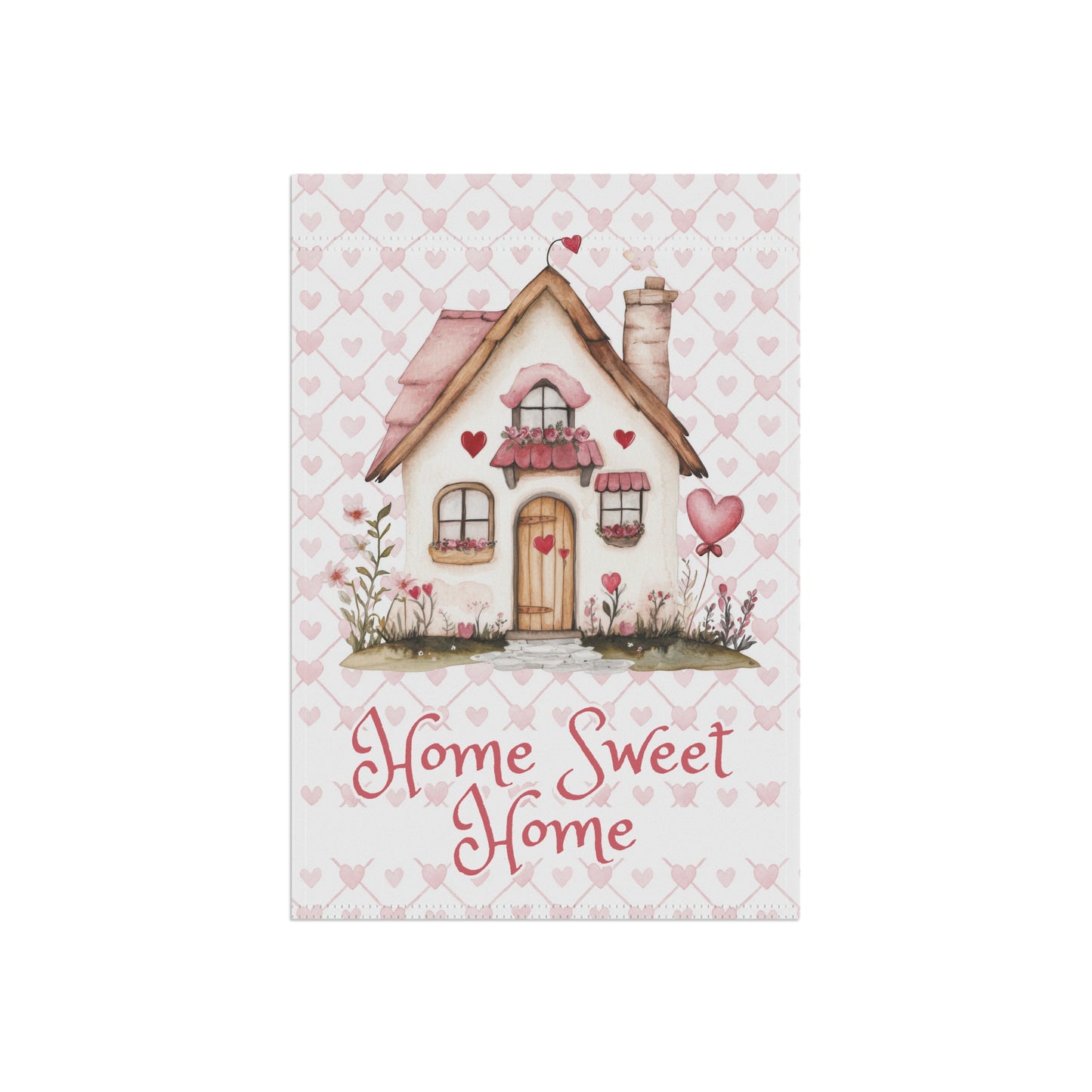 Valentine's Garden Flag — 'Home Sweet Home' Cottage with Pink Hearts