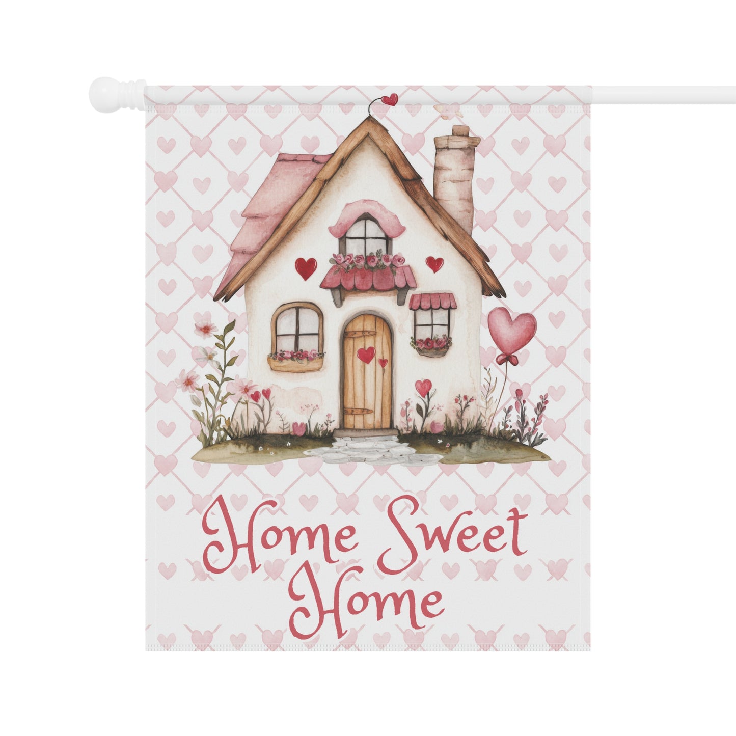 Valentine's Garden Flag — 'Home Sweet Home' Cottage with Pink Hearts