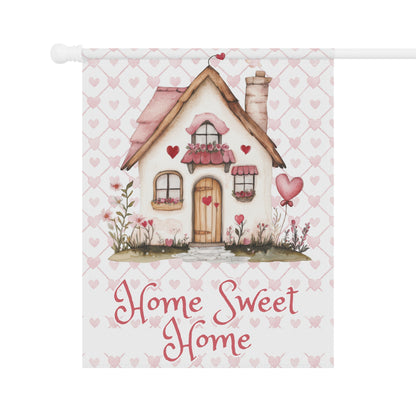 Valentine's Garden Flag — 'Home Sweet Home' Cottage with Pink Hearts