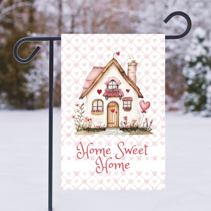 Valentine's Garden Flag — 'Home Sweet Home' Cottage with Pink Hearts