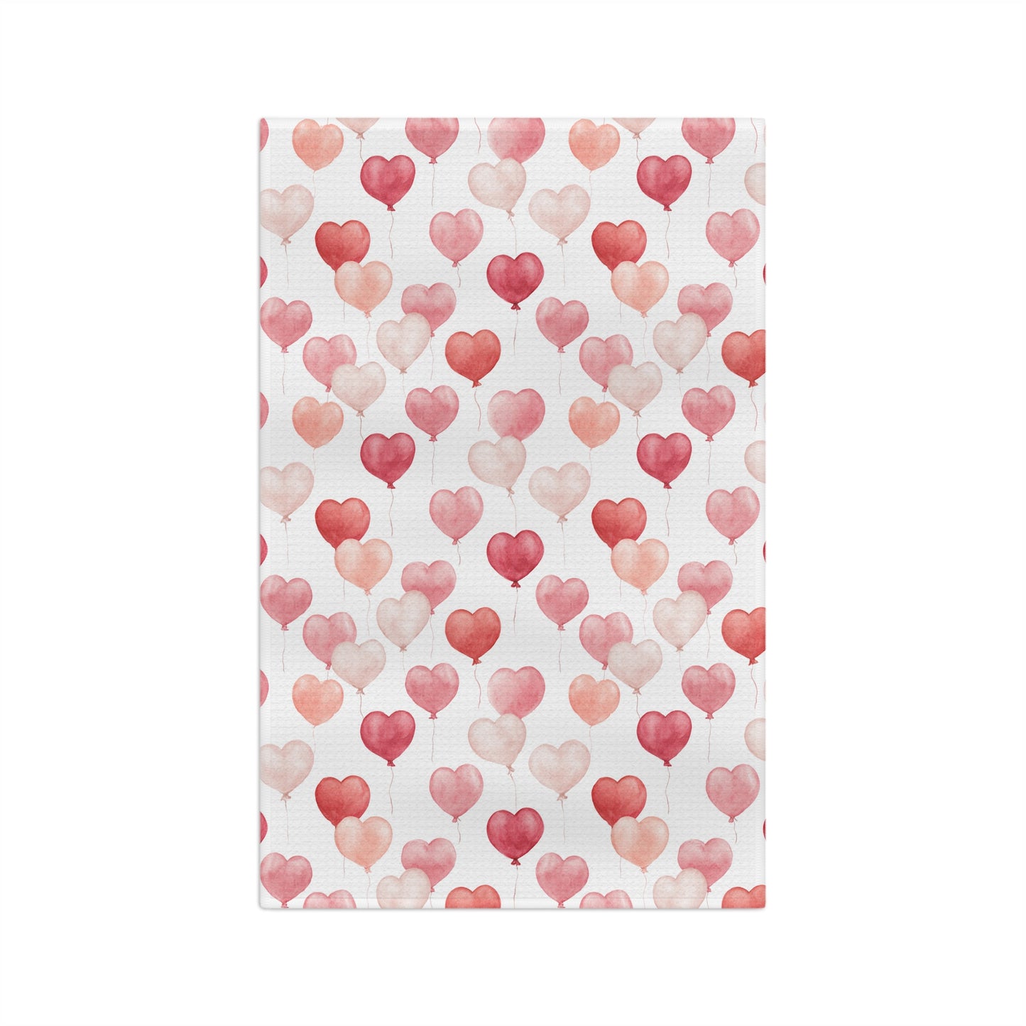 Valentine's Heart Balloons Microfiber Tea Towel with watercolor pink and rose hearts on white.