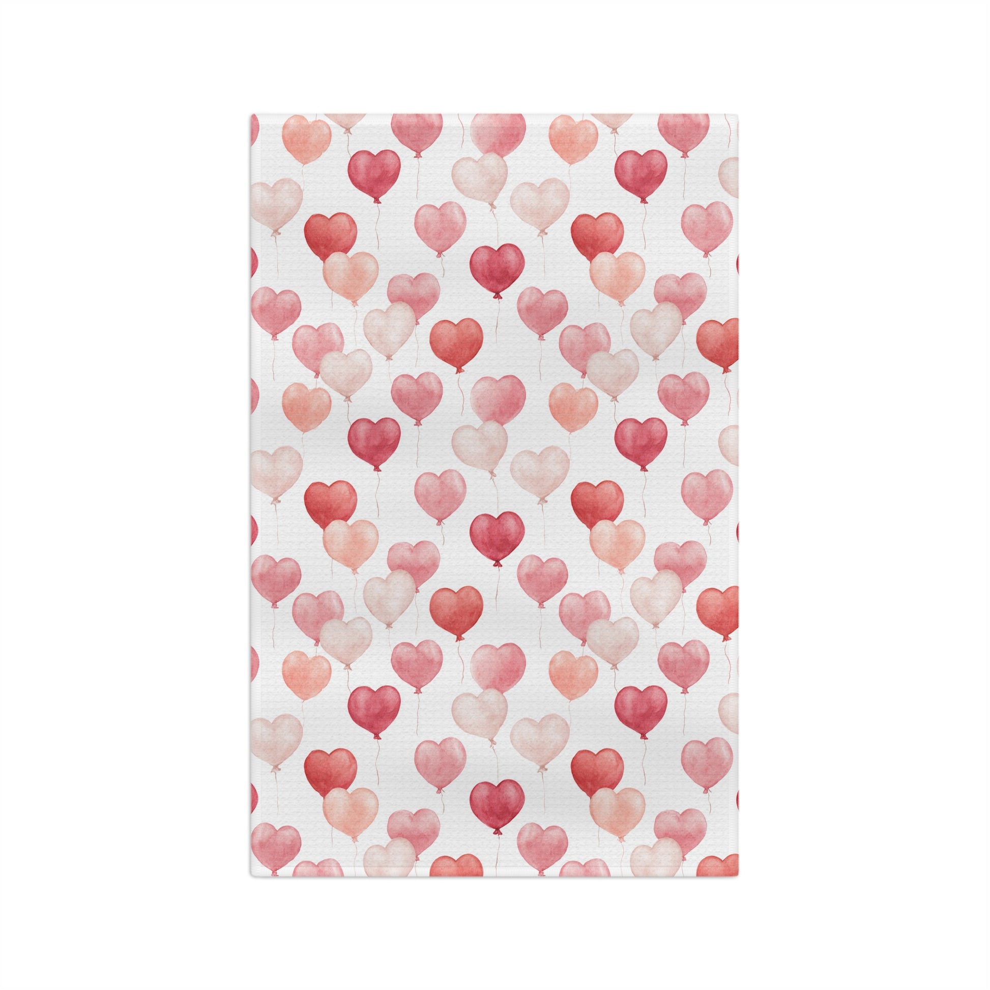 Valentine's Heart Balloons Microfiber Tea Towel with watercolor pink and rose hearts on white.