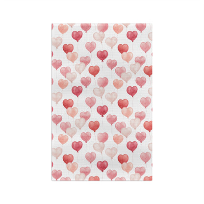 Valentine's Heart Balloons Microfiber Tea Towel with watercolor pink and rose hearts on white.