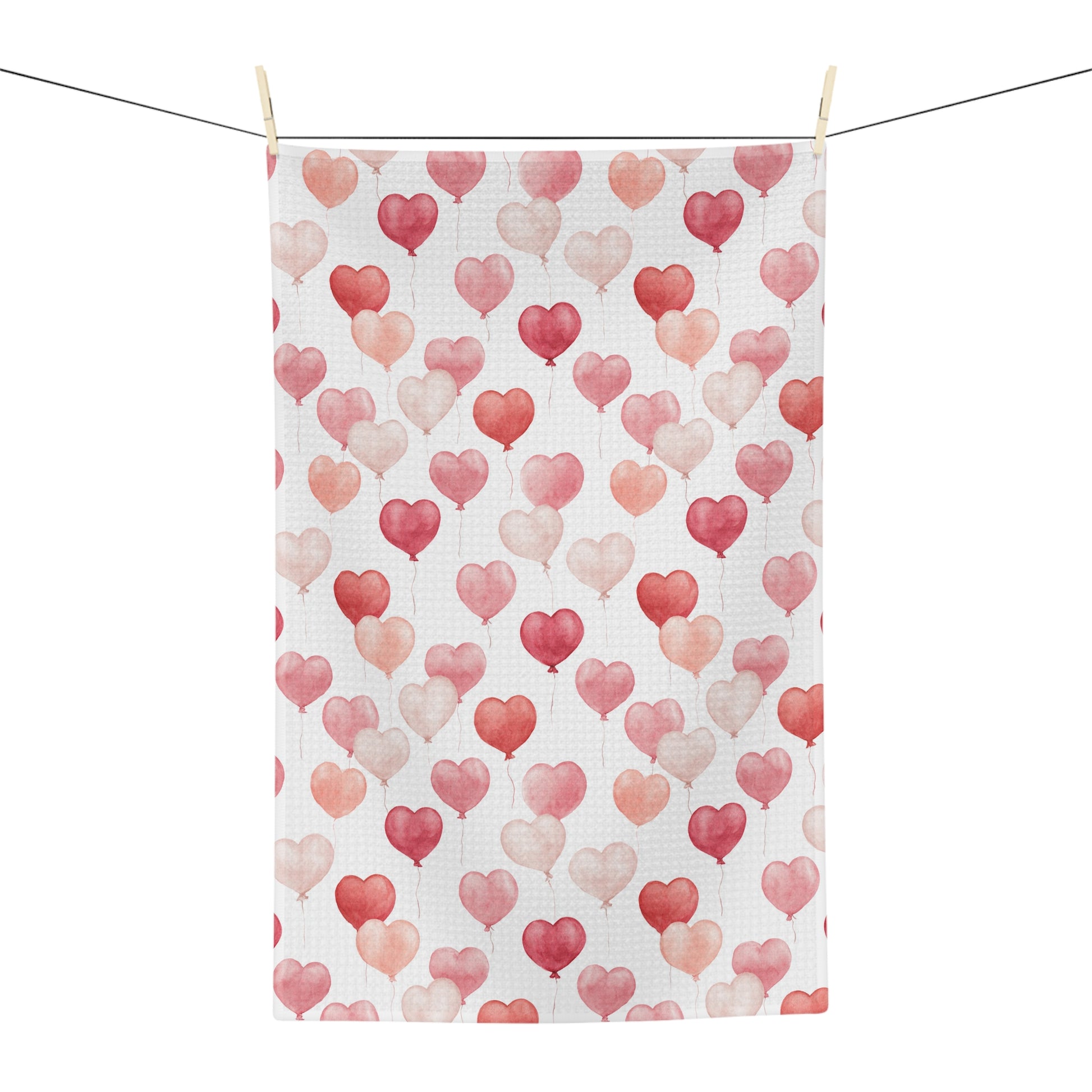 Valentine's Heart Balloons Microfiber Tea Towel with watercolor pink and blush hearts on white.