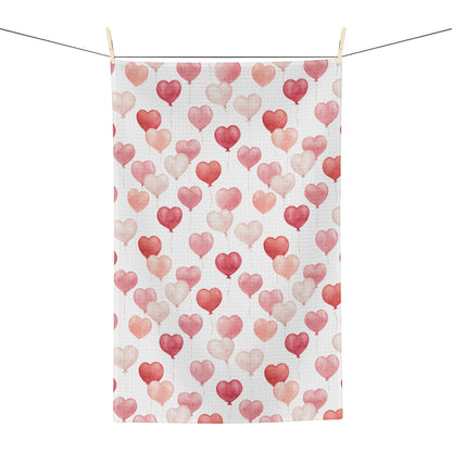 Valentine's Heart Balloons Microfiber Tea Towel with watercolor pink and blush hearts on white.