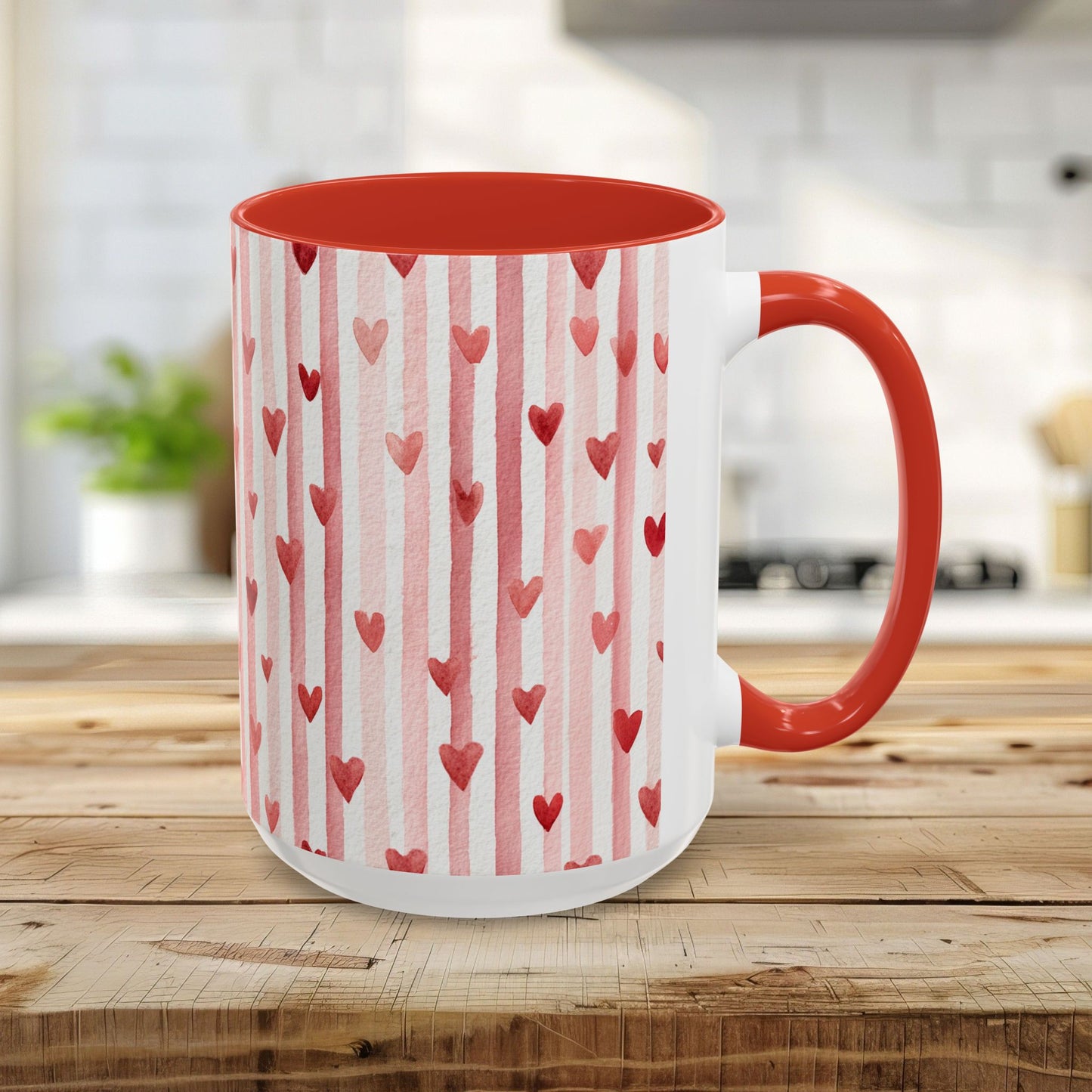 15oz white ceramic mug with watercolor pink stripes, red hearts, and a glossy red interior and handle.