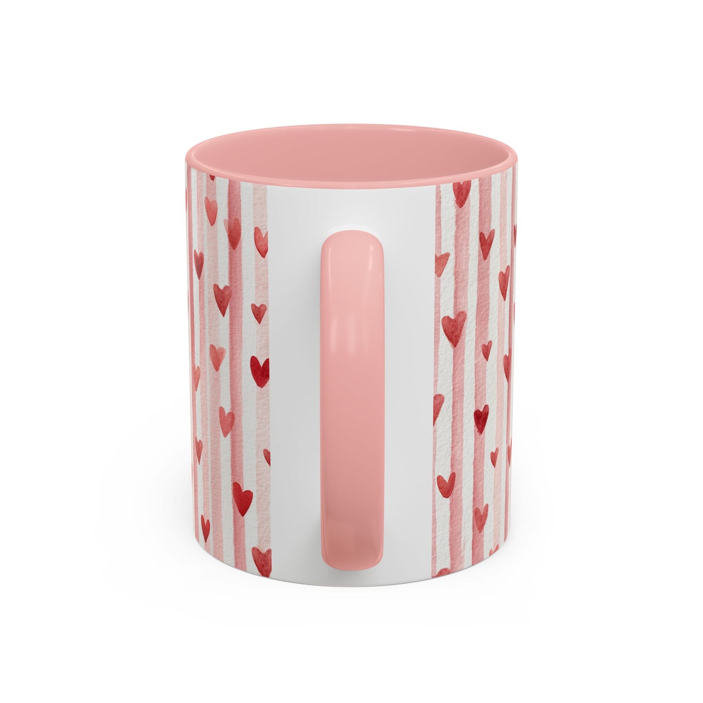 Valentine's Hearts and Stripes ceramic mug with pink interior, handle, and watercolor heart design.