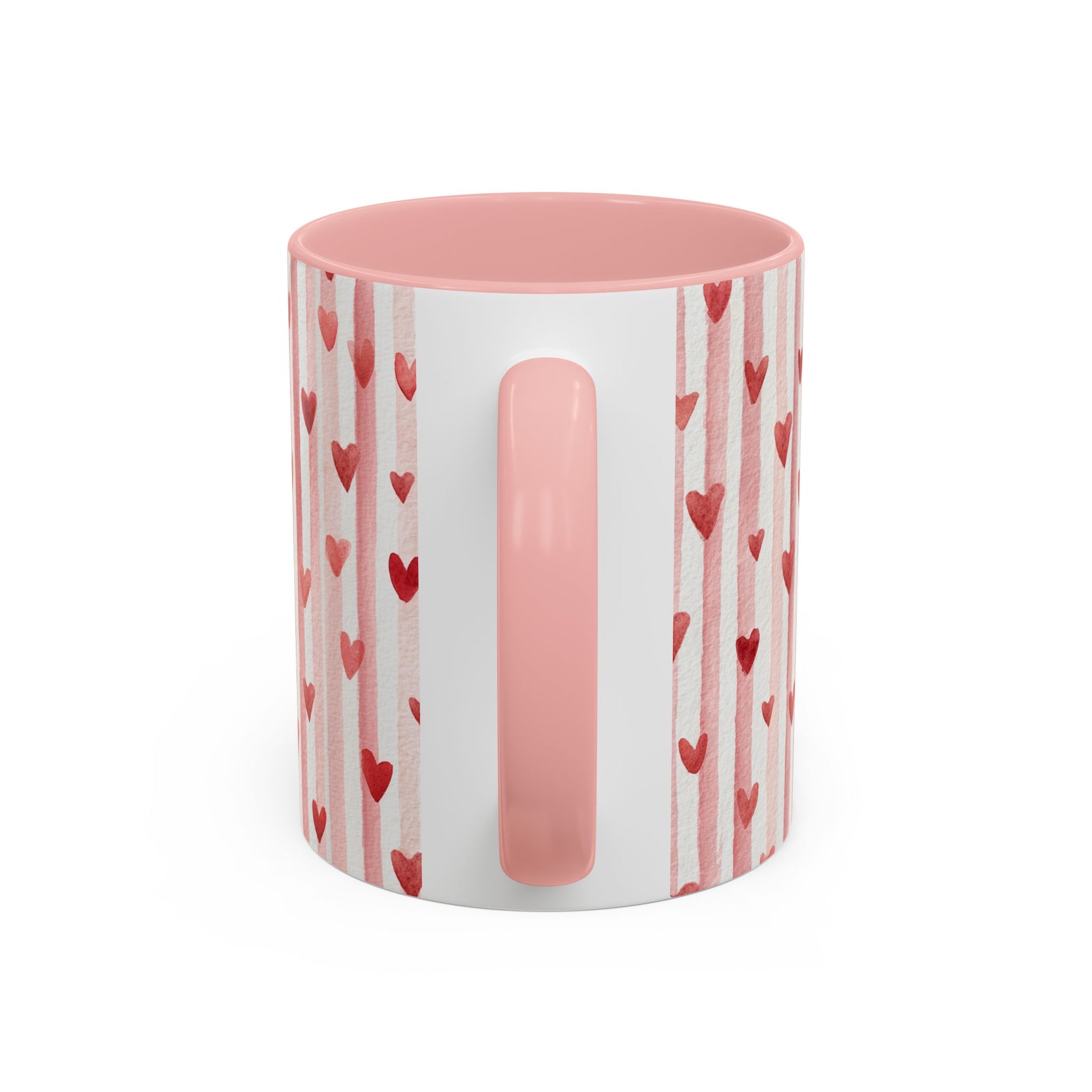 Valentine's Hearts and Stripes ceramic mug with pink interior, handle, and watercolor heart design.